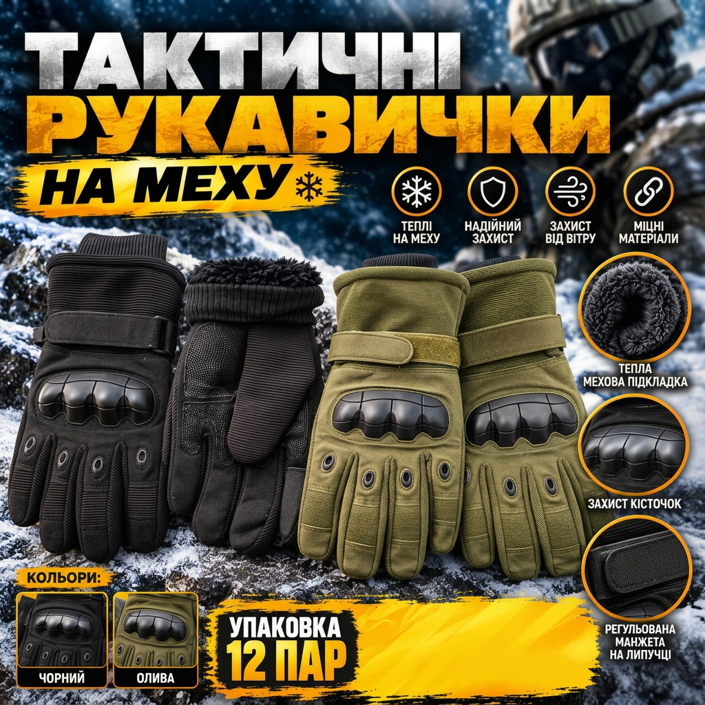 Тактичні рукавички на хутрі — лише упаковками по 12 шт.